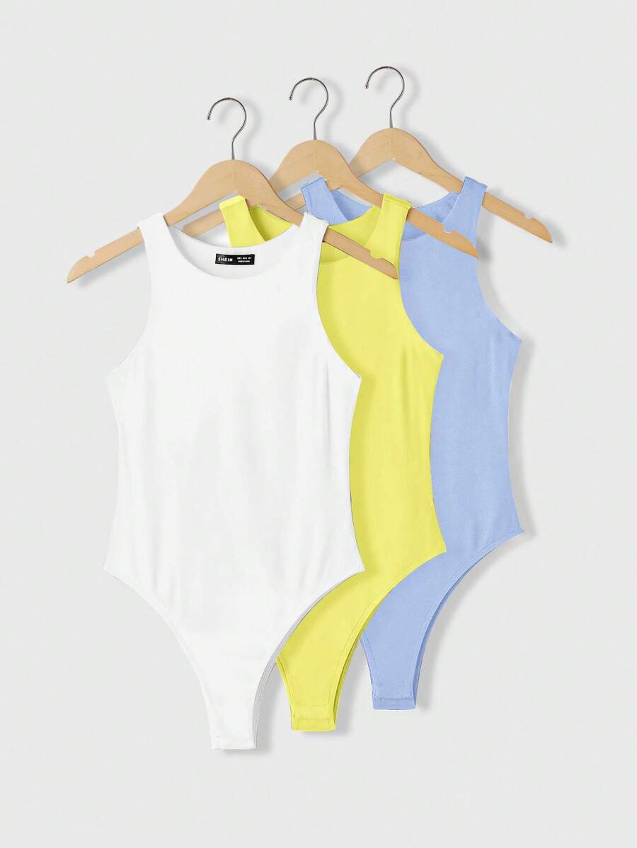 SHEIN BASICS 3件組女款休閒基本款圓領無袖修身針織連身衣，夏季居家便服，白色、淺黃色、嬰兒藍