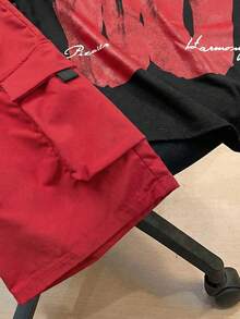 SHEIN 2pcs/Set Teen Boys' Streetwear Casual Black Contrast Color Short Sleeve T-Shirt And Shorts Set,Punk Rock Preppy Style Summer Abstract English Print - Red - View 6