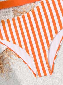 SHEIN Traje de baño de una pieza con parches a rayas para niña preadolescente, adecuado para vacaciones en la playa, fiestas en la piscina y fiestas en la playa - Naranja - Ver 4