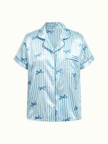 Bonmuse [Elegant Fields]2pcs Satin Striped Bow Print Short Sleeve Collar Top And Bow Shorts Women Pajama Set, Spring/Summerfor Summer - Blue - View 11
