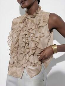 Aveloria Modichic Olive Green Sleeveless Layered Ruffle Collar Blouse, Metallic Chiffon Elegant Versatile Casual Commute, Vintage French Romantic - Khaki - View 5