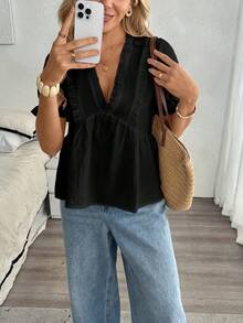 EMERY ROSE Women's Casual Vacation Textured V-Neck Ruffle Splice Puff Sleeve Blouse, Spring/Summer - Black - View 5