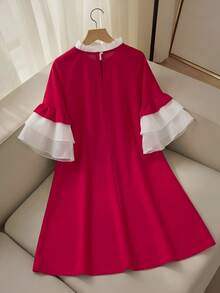 SHEIN Đầm ren phối lưới tương phản thanh lịch cho bé gái tuổi teen với viền bèo nhún. - Đỏ - Xem 3