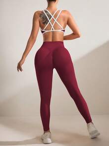 Easithlete Seamless High Stretch Yoga Fitness Bra & Leggings Set - Burgundy - View 7