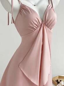 Elamini Đầm nữ, chất liệu satin crepe, phối ren, cổ chữ V. - Hồng - Xem 6