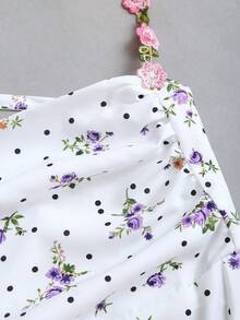 Sweetra Đầm ngắn dáng chữ A họa tiết hoa phong cách đồng quê giản dị cho bé gái dự tiệc, thiết kế dây đeo bèo nhún thanh lịch, đầm buộc dây hở lưng quyến rũ gợi cảm cho mùa hè. - Nhiều màu - Xem 5