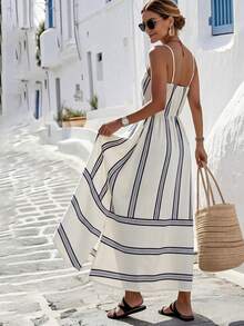 SHEIN Holidaya Women's Navy Blue And White Striped Floral Print Beach Dress,Elegant High-End Design Niche Summer Casual Holiday Vacation Holiday Outing Outfit - Beige - View 2