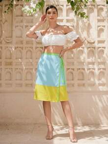 LOTSLUV 女士蓝黄撞色裹身系带直筒半身裙，春夏款 - 綠色 - 查看 1