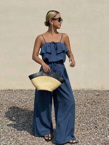 DAZY Bộ 2 món thời trang nữ gồm áo hai dây ngắn xếp ly và quần ống rộng cạp cao buộc dây, thích hợp mặc mùa hè. - Màu xanh lam - Xem 3