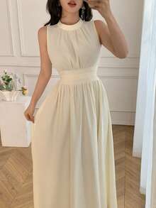 Celisse White Summer Elegant Party Pleated Front Drawstring Waist Dress With Stand Collar,Sleeveless Princess Wedding Gown For Bride Reception Bridesmaid - Apricot - View 7
