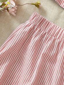 KARISMINA 2 piezas Conjunto informal de mujer con top corto y pantalón corto holgado de cintura alta con estampado de rayas tejido - Rojo y blanco - Ver 4