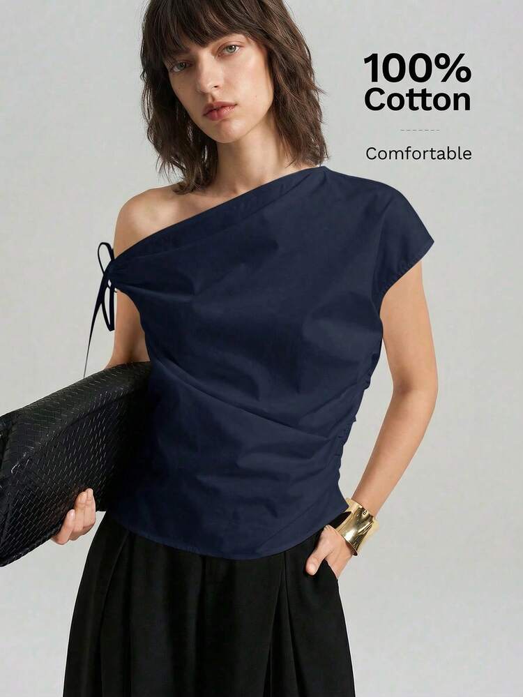 Women's Solid Color Asymmetric Shoulder Tie Blouse, Suitable For Urban Commute, Business Casual, Elegant Holiday, Party And Wedding Guest Occasions, Summer Top All-Season Versatile Modern Urban Fashion Business Casual Women's Wear Office Attire Understated Old-Money Style, Elegant And Sophisticated, High-Quality Commuter And Airport Women's Wear Bohemian Style Vacation Outfits Seaside Women's Clothing, Country Music Concert Style, Western Style Clothing, Nomadic Casual Fashion Boho Deep Blue
