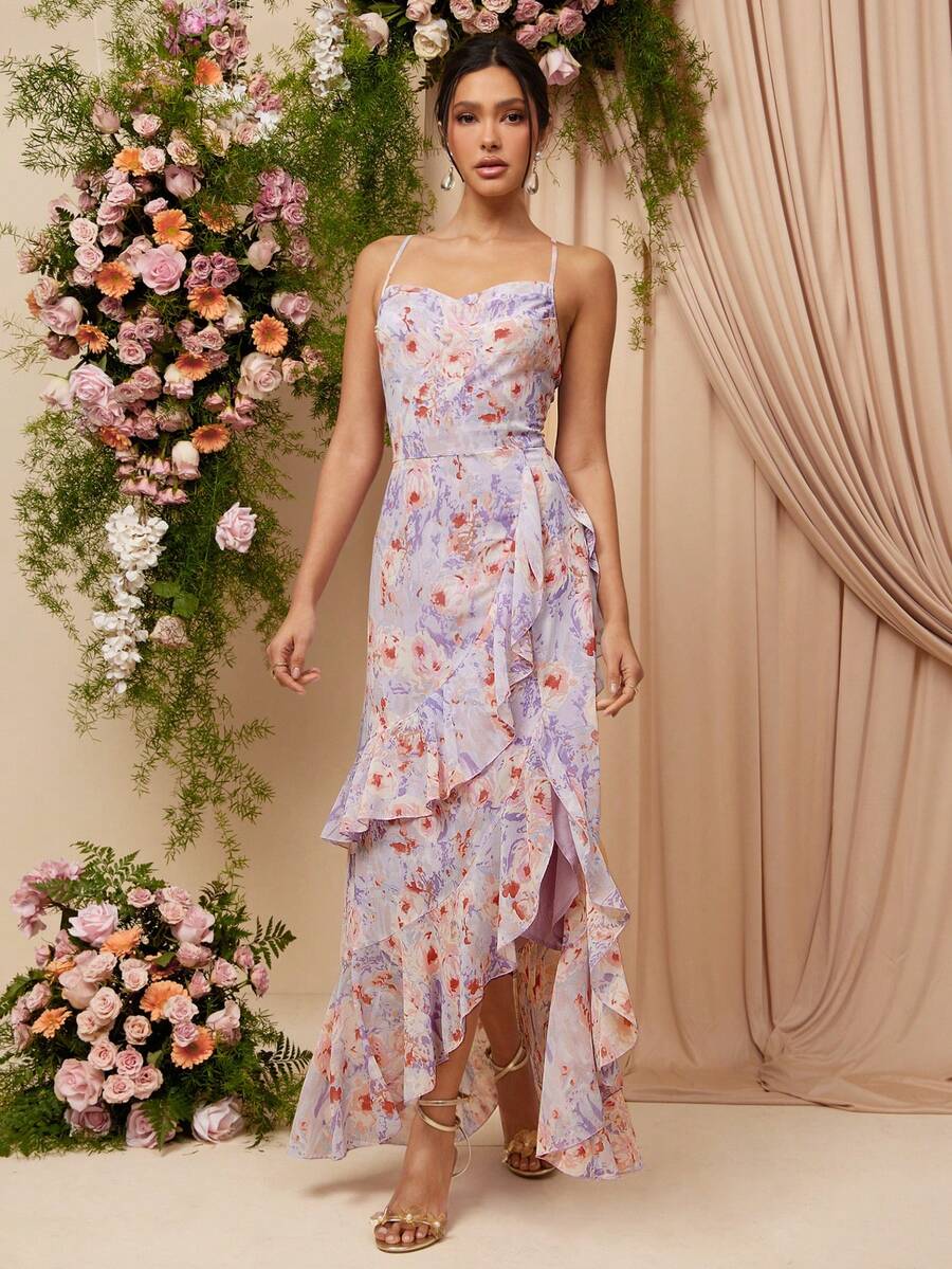 L'Amorae Đầm dài bằng vải chiffon cổ đổ, thiết kế bất đối xứng với bèo nhún. - Nhiều màu - Xem 1