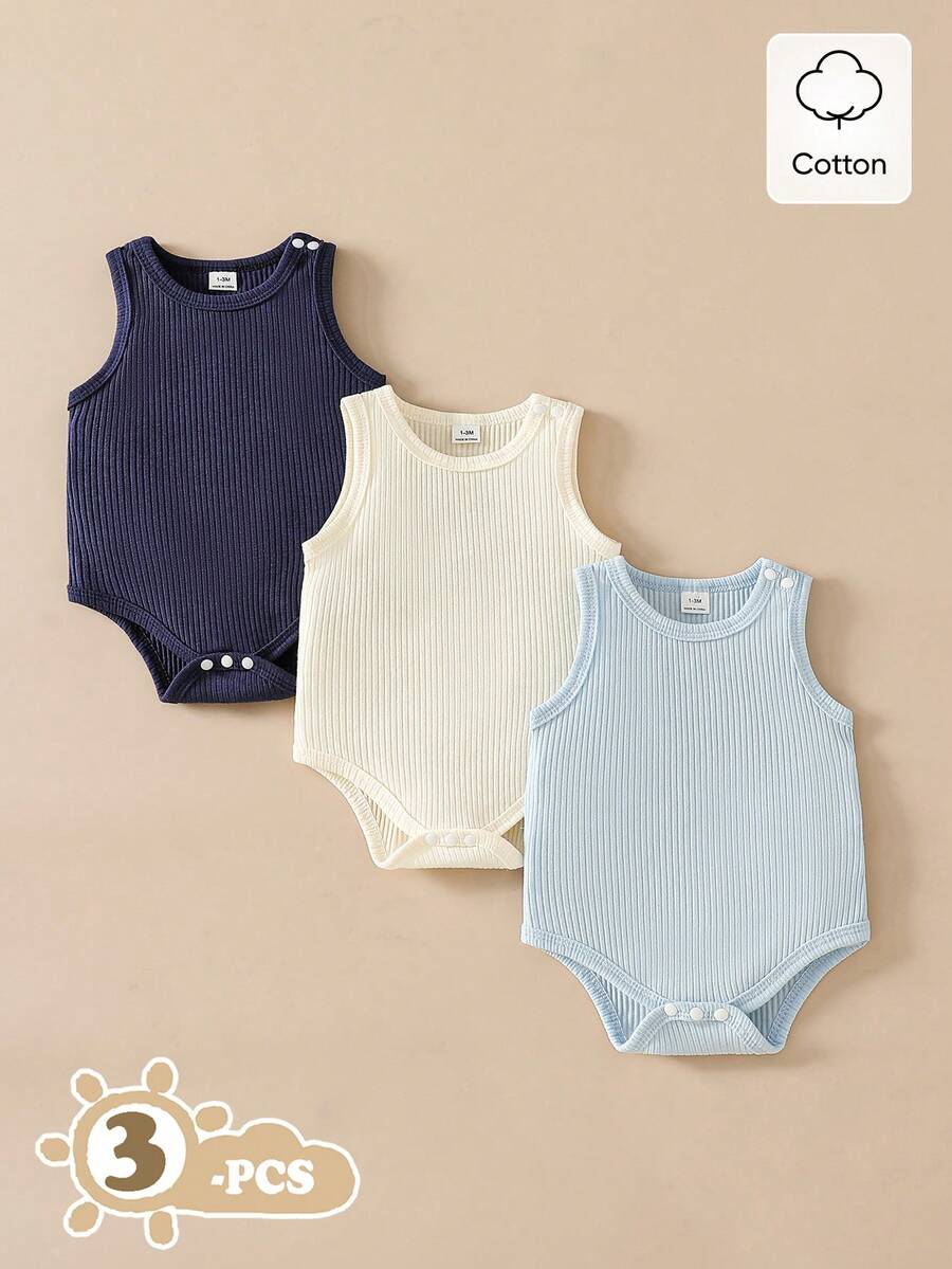 SHEIN Vintaside Kids 3件組嬰兒中性夏季休閒背心連身衣套裝,柔軟棉質,海軍藍、白色、摩卡色、黑色羅紋設計,適合家庭穿搭、度假、旅行與上學 - 藍色 - 查看 1