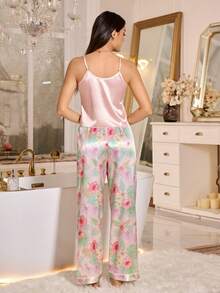 LuxeNights Mature Elegant Floral Pattern Contrast Color Camisole Women Pajama Set - Multicolor - View 2