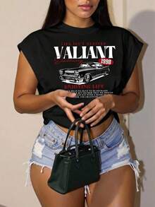 SHEIN Slayr Áo thun cỡ lớn phong cách tối giản, họa tiết xe hơi cổ điển, thích hợp cho mùa hè. - màu đen - Xem 4