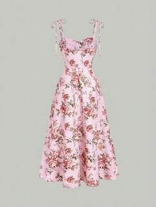 SHEIN MOD Women's Floral Bow Tie Strap Slit Dress - Pink - View 4