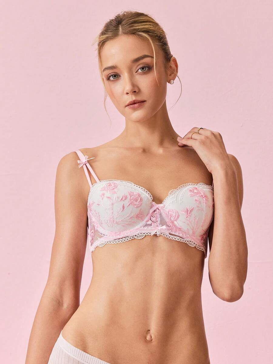 Bonmuse 1 pieza Conjunto de lencería babydoll de malla bordada, copa acolchada con aro, ropa de dormir íntima para vacaciones de verano, sujetador rosa femenino para verano - Rosa - Ver 1