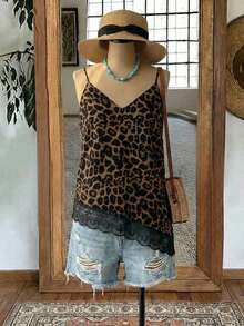Mellowie Plus Size Leopard Print Contrast Lace Asymmetric Hem Camisole - Multicolor - View 1