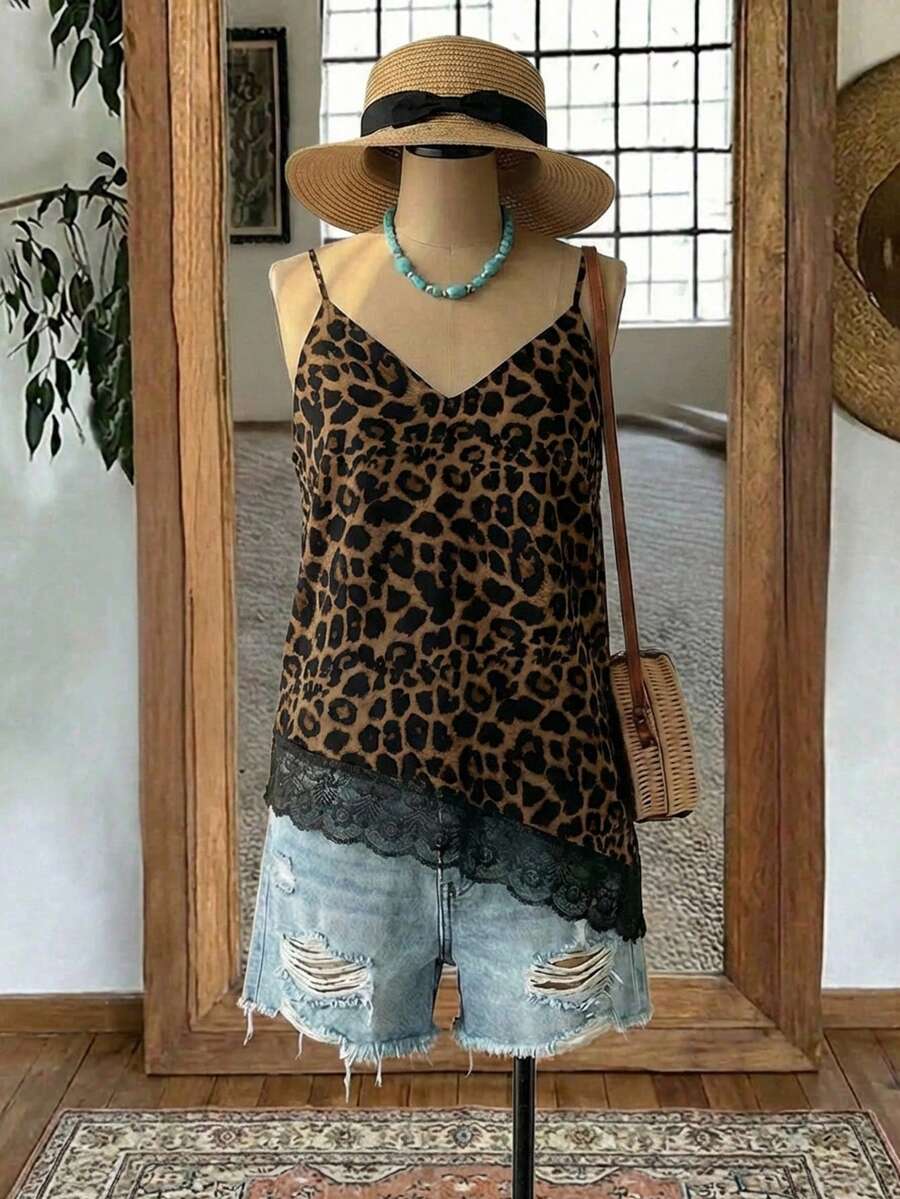 Mellowie Plus Size Leopard Print Contrast Lace Asymmetric Hem Camisole - Multicolor - View 1
