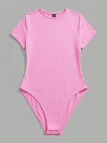 SHEIN BASICS Body de punto de unicolor casual con cuello redondo y manga corta para mujer, atuendo de verano para mujer - Rosa - View 3