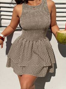 Sunnyshic 时尚简约春夏新款百搭圆领红色格子修身无袖连衣裙 - 咖啡棕 - 查看 1