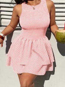 Sunnyshic Fashionable Minimalist Spring/Summer New Versatile Round Neck Red Plaid Gentle Elegant Fitted Waist Sleeveless Dress - Pink - View 1