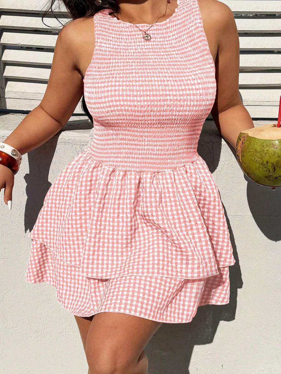 Sunnyshic Fashionable Minimalist Spring/Summer New Versatile Round Neck Red Plaid Gentle Elegant Fitted Waist Sleeveless Dress - Pink - View 1