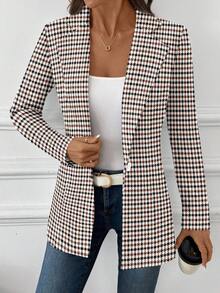 SHEIN Clasi Phong cách giản dị, tối giản, dễ phối đồ hàng ngày, cổ điển, thanh lịch, đa năng, tông ấm, họa tiết kẻ caro nhỏ, trang phục mùa hè cho nữ, áo blazer nữ. - Nhiều màu - Xem 5