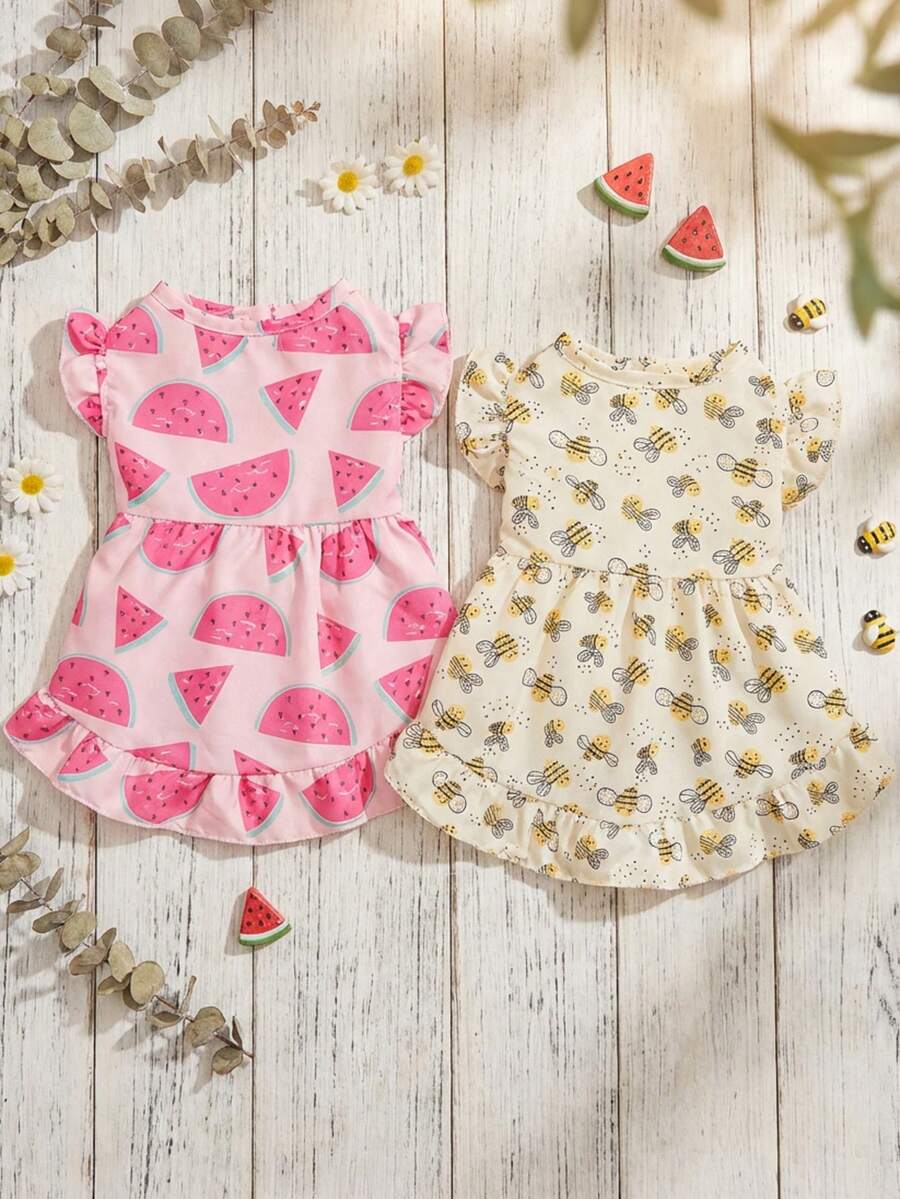 PETSIN 1 chiếc váy xếp ly tay ngắn cài cúc phía trước in hình ong và dưa hấu mùa xuân dành cho thú cưng, phù hợp với mọi loại chó. - Nhiều màu - Xem 1