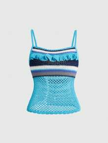 ROMWE Avant Island Resort Style Knitted Crochet Hollow Ombre Blue Women Sweater - Blue - View 3