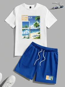 VIVINTIMO Conjunto de camiseta con estampado tropical y pantalones cortos tejidos para hombre - Multicolor - Ver 2