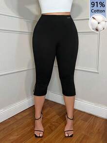 SHEIN SXY Quần legging lửng nữ màu đen trơn, chất liệu 91% cotton, dáng ôm, xẻ gấu – thích hợp cho tập luyện & yoga, phong cách công sở & quý tộc, trang phục giáo viên & văn phòng, trang phục thường ngày thanh lịch mọi mùa, quần áo mùa hè, mặc ở nhà, đồ thể thao năng động, trang phục đi nghỉ mát & nghỉ dưỡng. - Nhiều màu - Xem 6