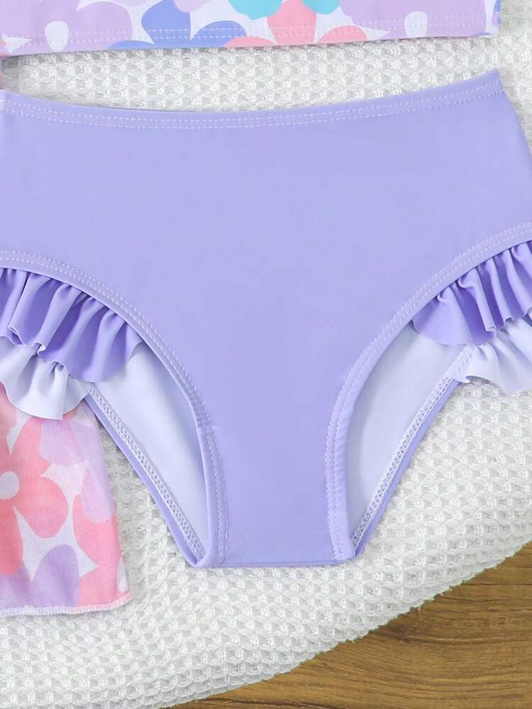 Bộ bikini 3 mảnh cho bé gái: Vải dệt kim in hoa màu tím, dây đeo vai có thể điều chỉnh, quần tam giác viền bèo dễ thương, áo khoác lưới tay ngắn có dây rút ở eo. Thời trang, thanh lịch, thích hợp cho bơi lội, kỳ nghỉ hè. - Màu tím - Xem 4