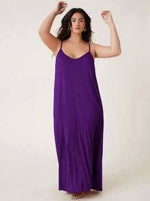 SHEIN BASICS 大码休闲纯色露背吊带连衣裙 - 紫色 - 查看 6