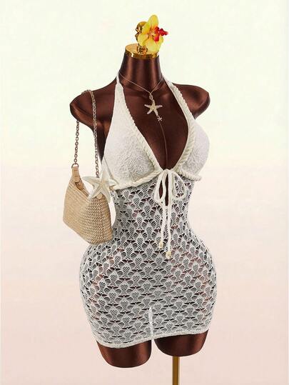 Amplova Women's Hollow Out Backless Halter Mini Dress, Suitable For Beach Vacation