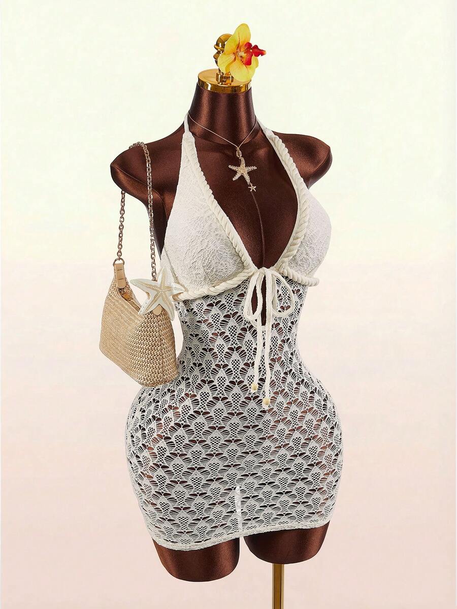 Amplova Women's Hollow Out Backless Halter Mini Dress, Suitable For Beach Vacation - Apricot - View 1