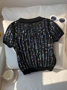 Comfortcana Women's Black Sequin Embellished Knit Top - Black - View 2