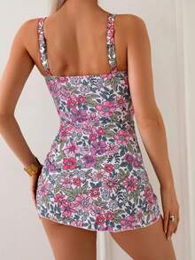 Swim Lushoire Elegant Slimming U-Neck Hibiscus Print One-Piece Swimdress - Multicolor - View 2
