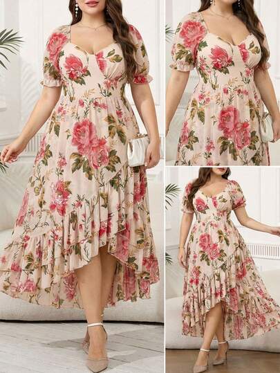 Reflora Vestido de verano de talla grande con estampado floral elegante, volantes en el bajo y mangas de pétalos