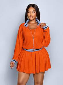 SOLERSUN 女士秋冬性感三件套，纯正性感辣妹风修身抹胸上衣，运动拉链外套搭配甜美风长裤和短裙，适合运动、日常生活和网球等场合。 - 橘色 - 查看 4