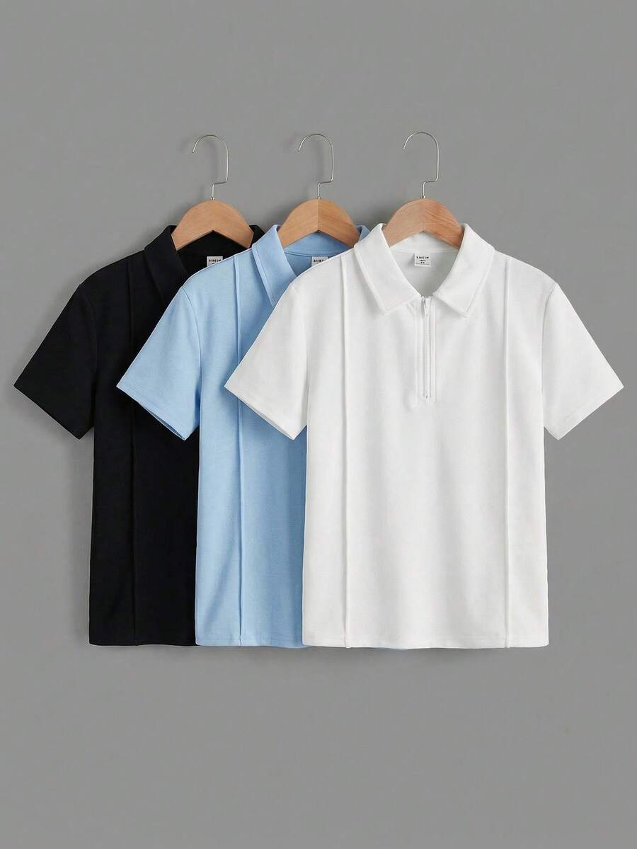 SHEIN 大童男孩 1/4 拉鍊 Polo 衫,白色夏季休閒校園返校穿搭,素色羅紋輕量日常街頭風上衣 - 白色 - 查看 1