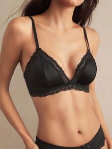 Charlaine Women's Contrast Lace Solid Color Fashion Bra Without Padding For Everyday Wear Casual - Black - View 7