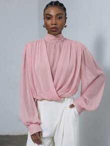 Aveloria Modichic Chocolate Brown Mock Neck Sheer Blouse, Lightweight Chiffon Fabric, Wrap Front Design, Oversized Puff Sleeves, Versatile Wear, Suitable For Commute, Date, Party, Urban Semi-Formal Outfits - Pink - View 5