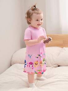 BABY SHARK X SHEIN 2pcs/Set Cute Style Baby Girl Homewear, Round Neck Short Sleeve Comfortable Nightgown Dress, Multi-Piece Set - Multicolor - View 5