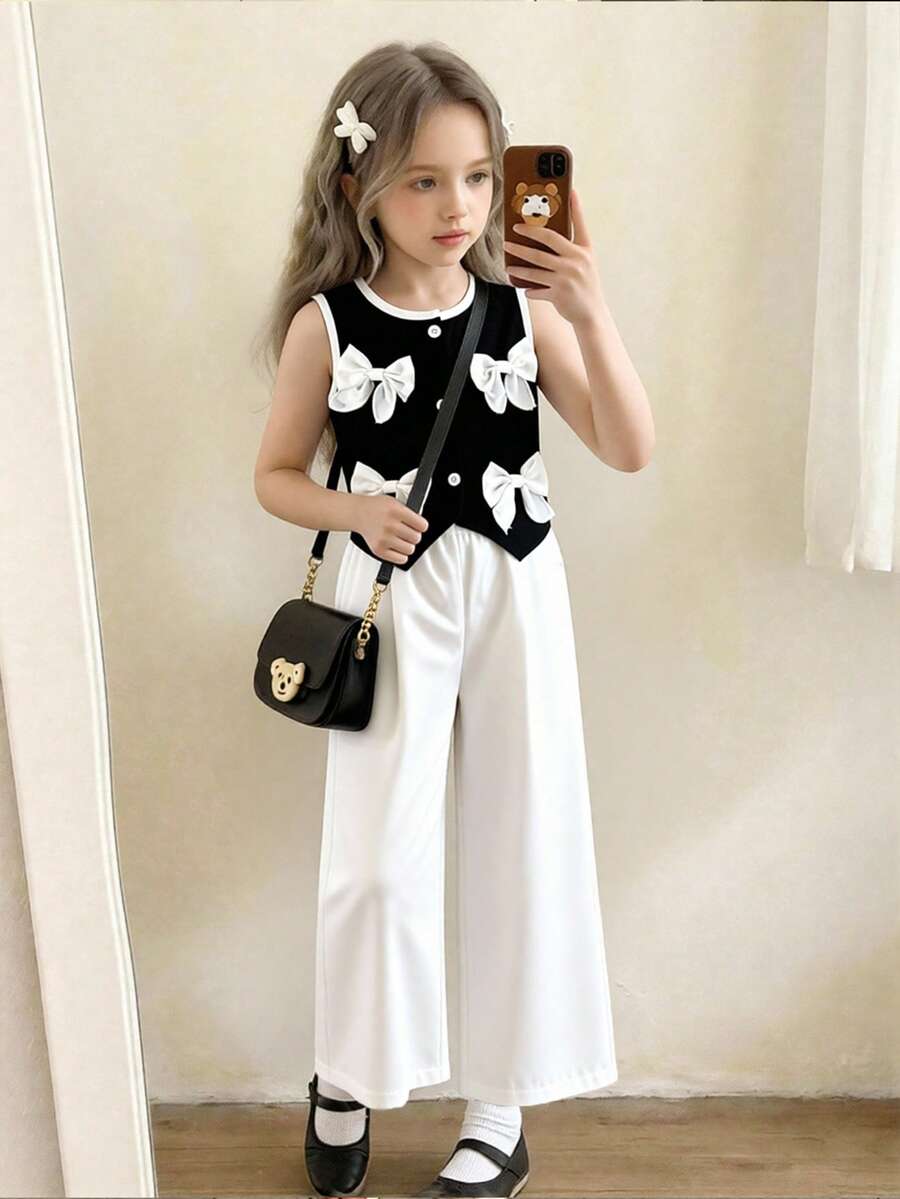 Girls Toddler Set,Round Neck Top With Contrast Color Trim,Button Front,Bow Decor,Straight Leg Casual Pants,Elegant Fashion Butterfly Kids Outfits - Black - View 1