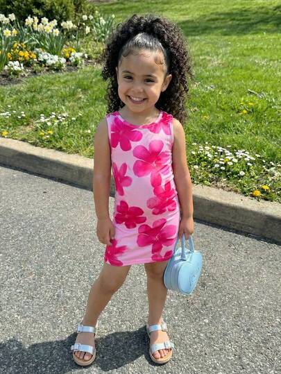 Áo hai dây dệt kim màu hồng in hoa dễ thương cho bé gái, kiểu dáng ôm sát, thoải mái, thời trang, đa năng, phù hợp cho tiệc tùng, đi chơi, chụp ảnh cùng chị em, công viên, cắm trại, kỳ nghỉ, thư giãn hàng ngày.