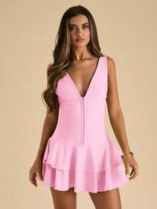 Elegant Solid-Color Mini Dress With Ruffled Hem For Women - 綠色 - 查看 6