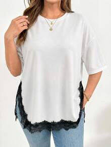 SHEIN Essnce Plus Size Women Casual Round Neck Lace Trim T-Shirt, Versatile For Daily Wear - White - View 4