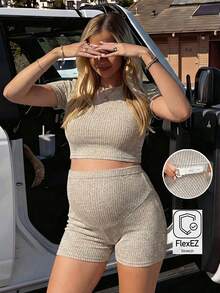 SHEIN 2pcs Maternity Summer Casual Solid Color Cropped T-Shirt And Shorts Set Summer Outfits 2 Pieces Lounge Sets Woman Comfy Co Ord Sets World Cup - Khaki - View 1